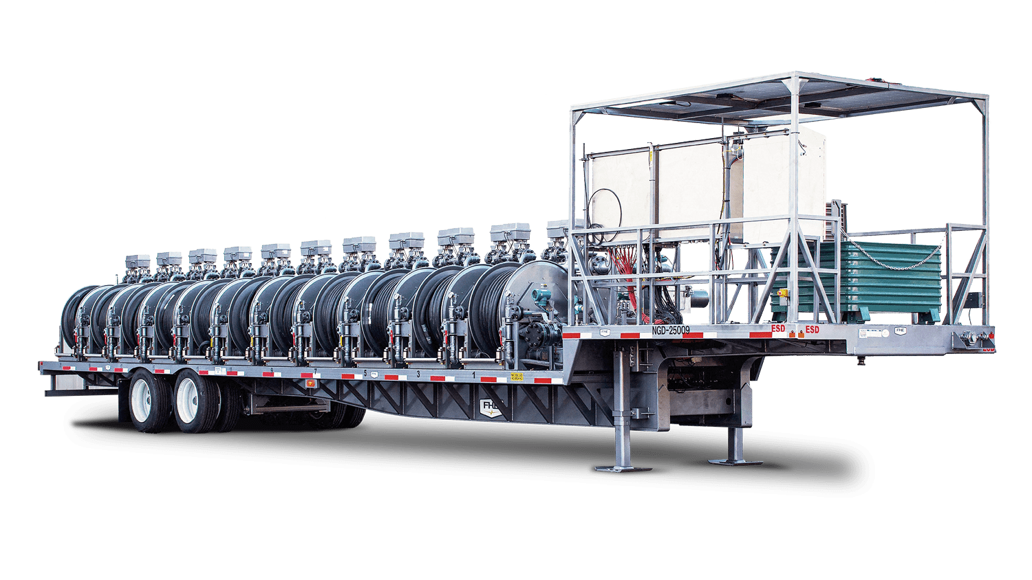 The NGD Trailer by Flotek PowerTek, a robust mobile unit equipped with advanced oilfield technology, designed for efficient on-site chemical delivery and operations in the energy industry.